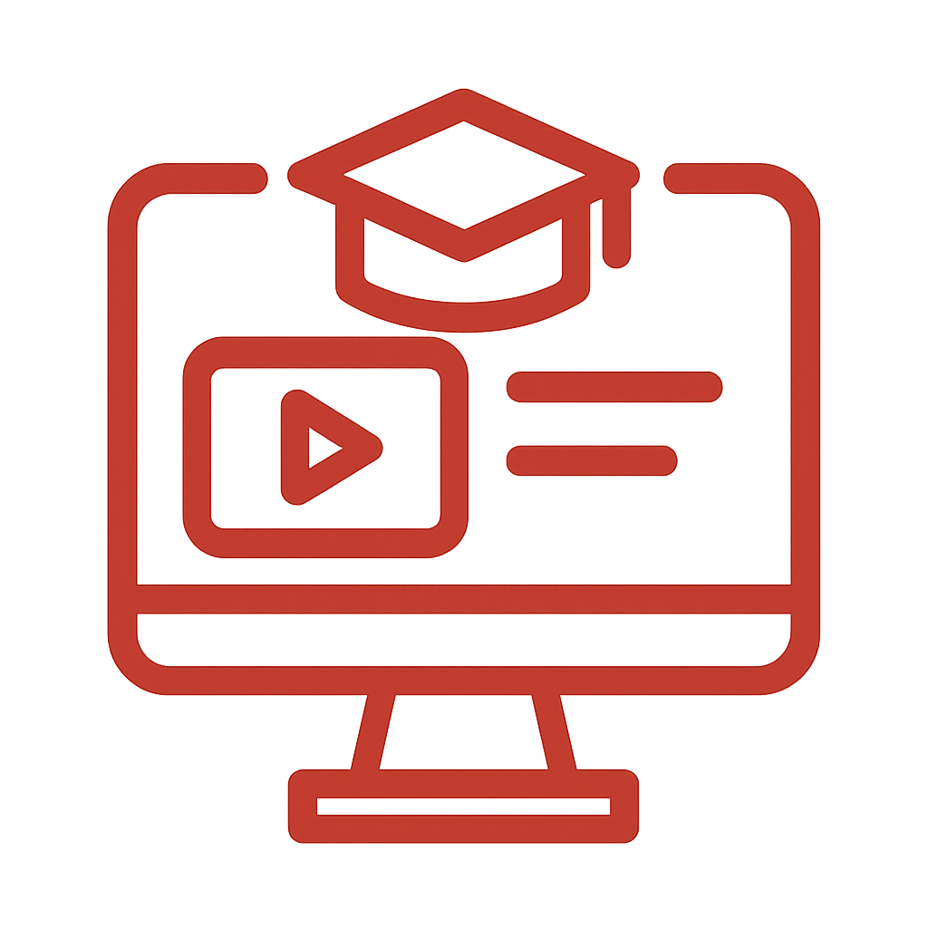 A graphic icon in the color bb1212 of a computer that has the outline of a course on the screen