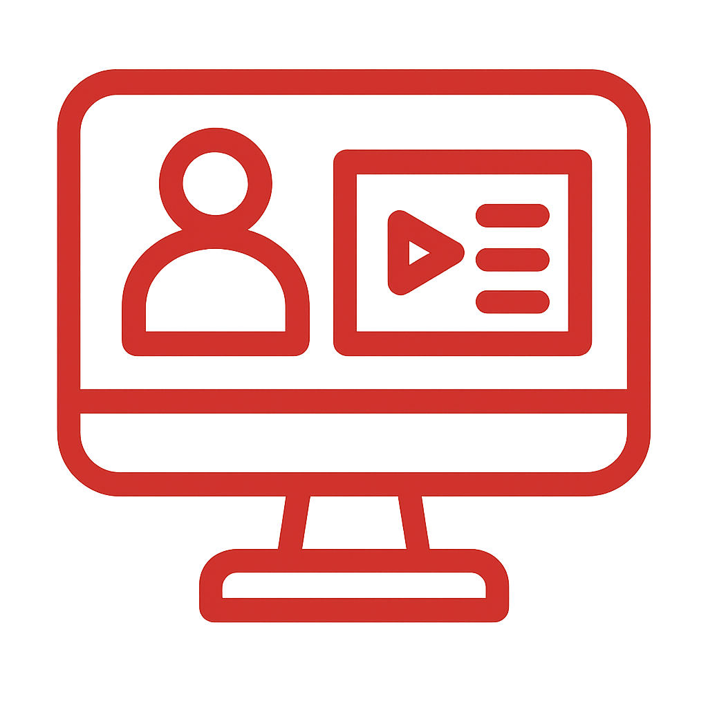 A graphic icon in the color of CC0201 of a computer that has an outline of a course on the screen