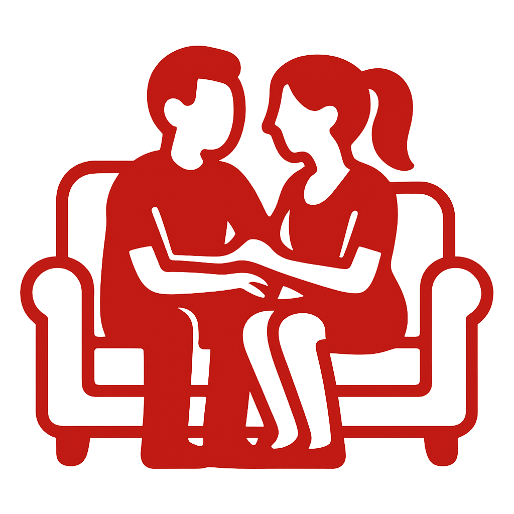 A graphic icon in the color of CC0201 of a couple having an intimate conversation on the couch-1
