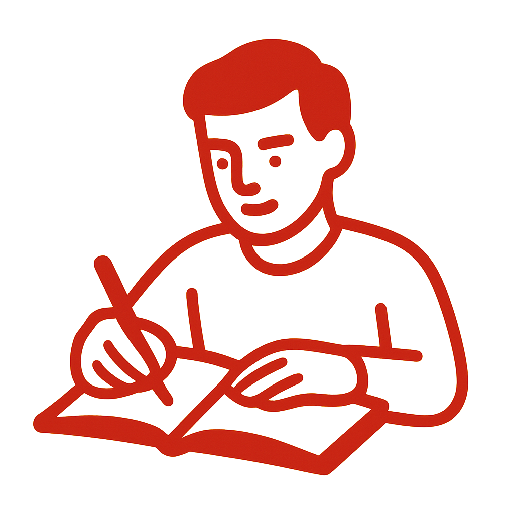 A graphic icon in the color of CC0201 of a man journaling